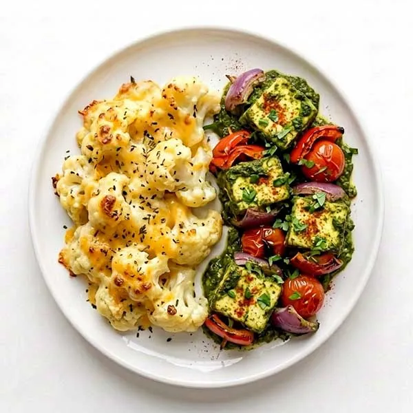 Spinach Paneer Tikka With Cheesy Cauliflower